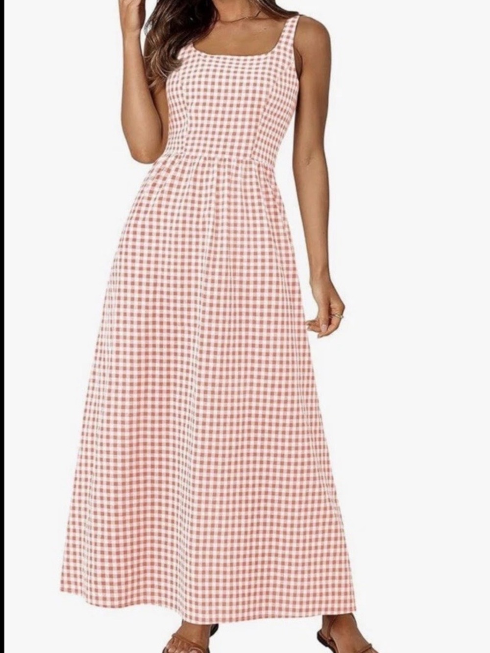 Pink Gingham Square-Neck Maxi Dress